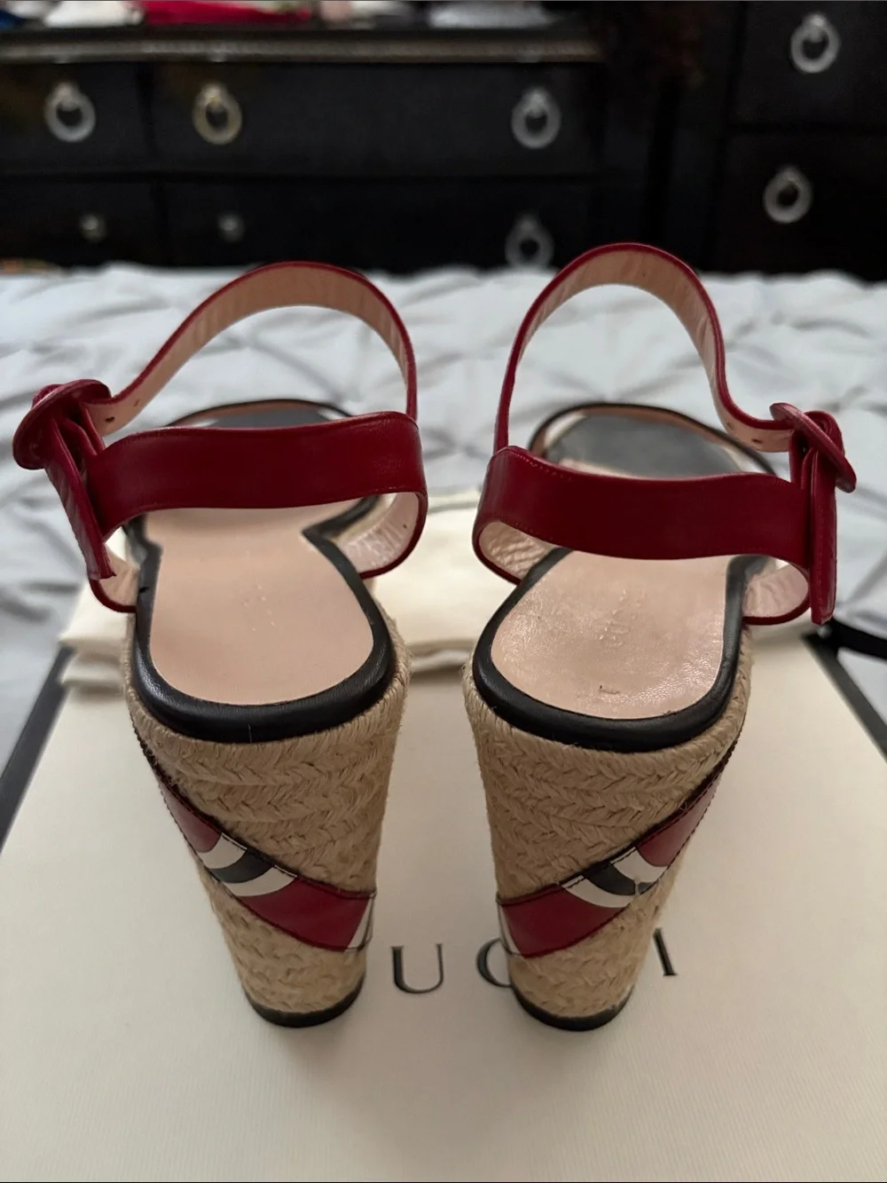 Gucci Black Leather Espadrille Sandals with Red Ankle Straps